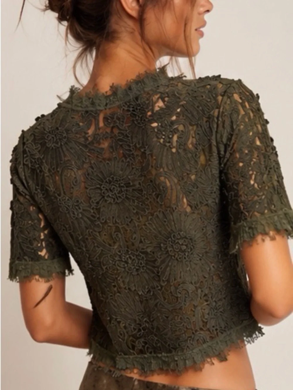 Free People Olive Green Floral Lace Crop Top